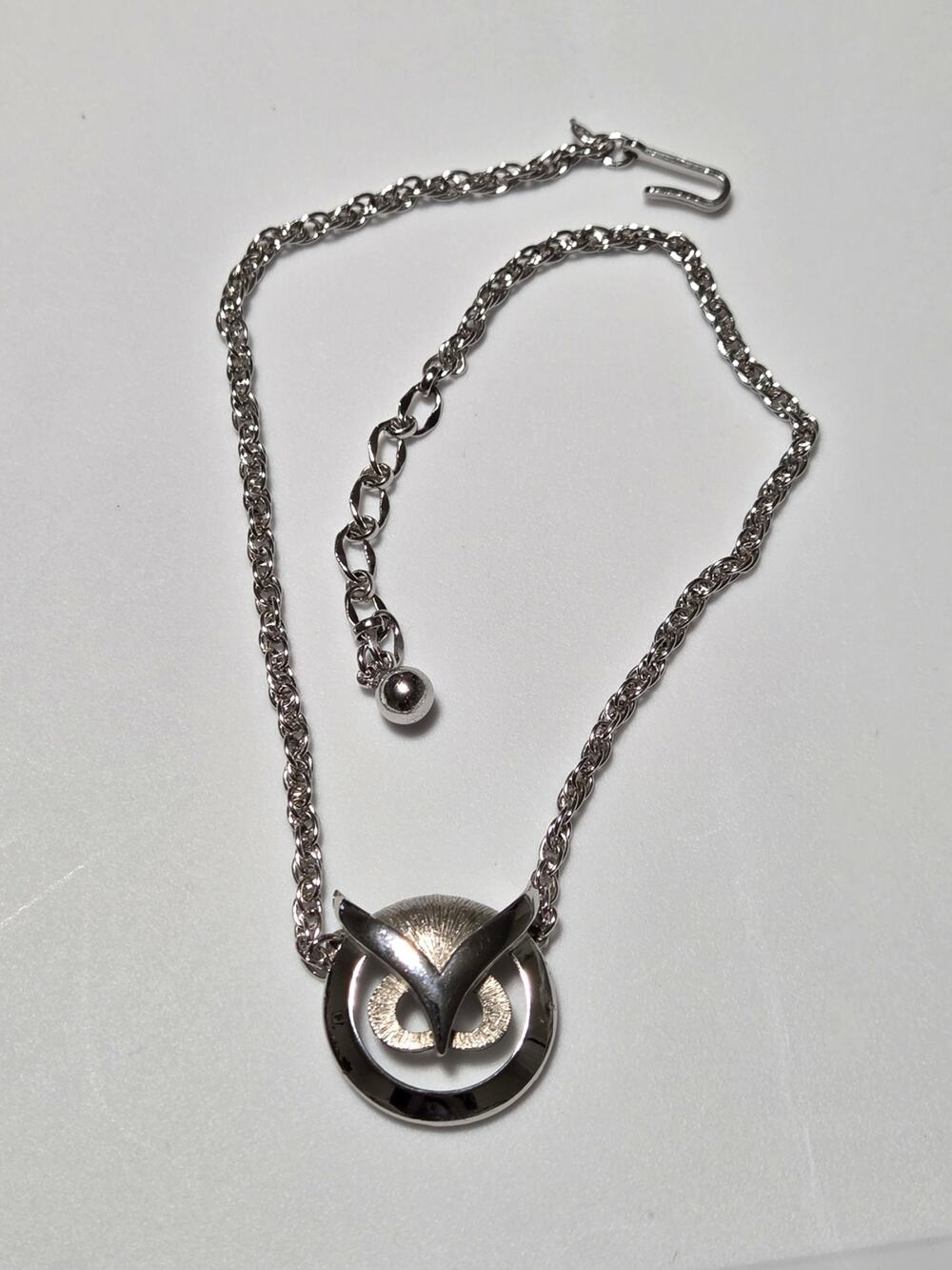 Crown Trifari Owl Pendant Necklace Choker 15in Silver Tone Vintage